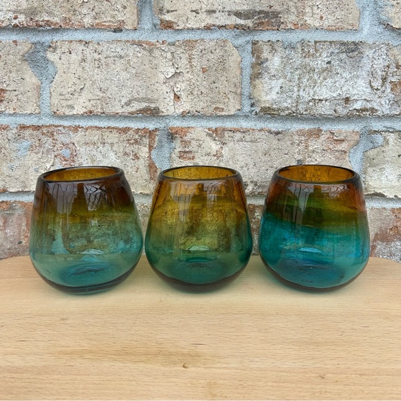 3 Stemless Hand Blown Art Recycled Glass Amber Sea Blue Thick Drinking Glasses - Picture 5 of 12